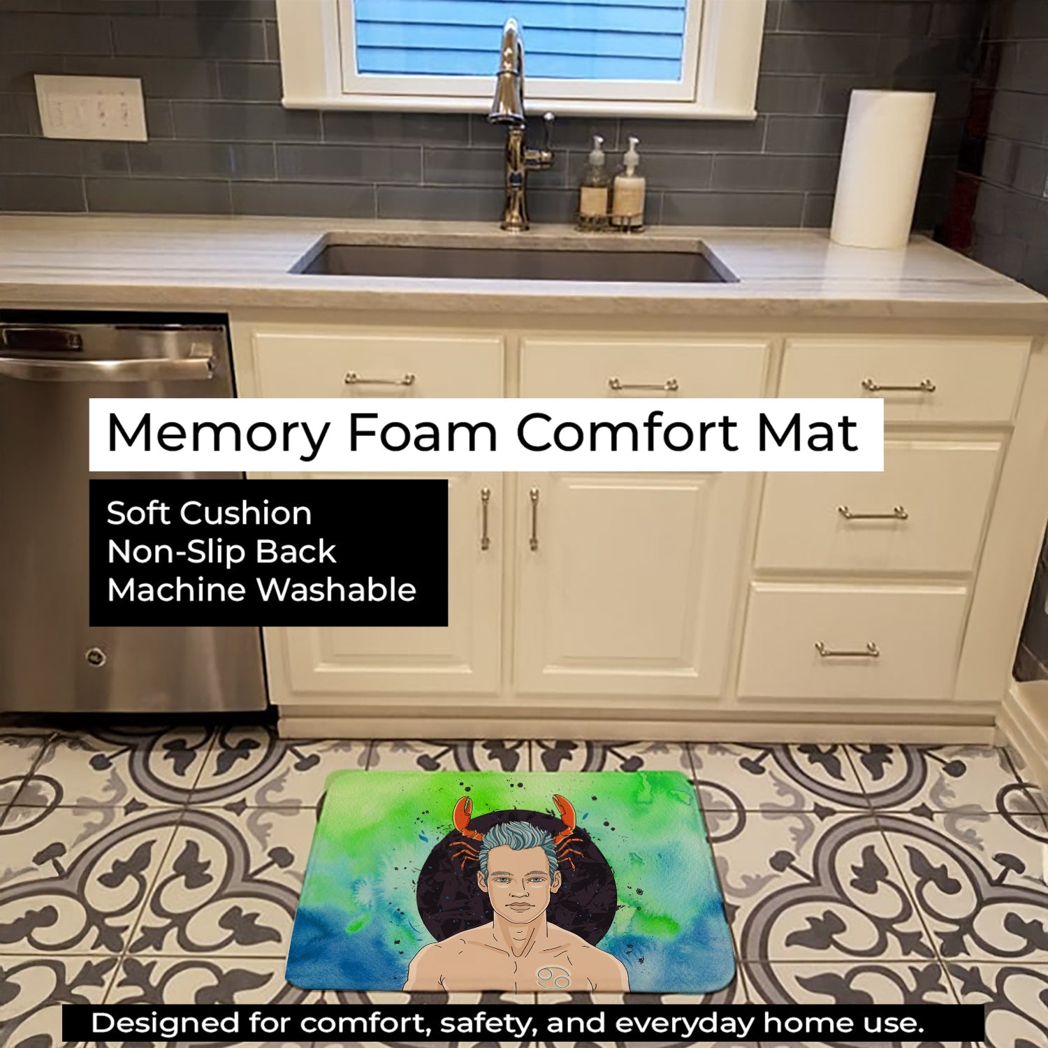 Cancer Zodiac Sign Memory Foam Kitchen Mat Machine Washable Anti-Fatigue Cushion Comfort Bath or Kitchen Rug