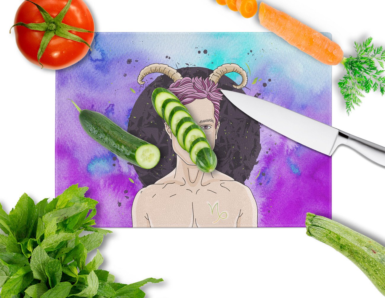 Capricorn Zodiac Sign Cutting Board Tempered Glass Kitchen Cutting Surface, Heat Resistant Chopping, Non-Slip Feet, Food Prep & Serving