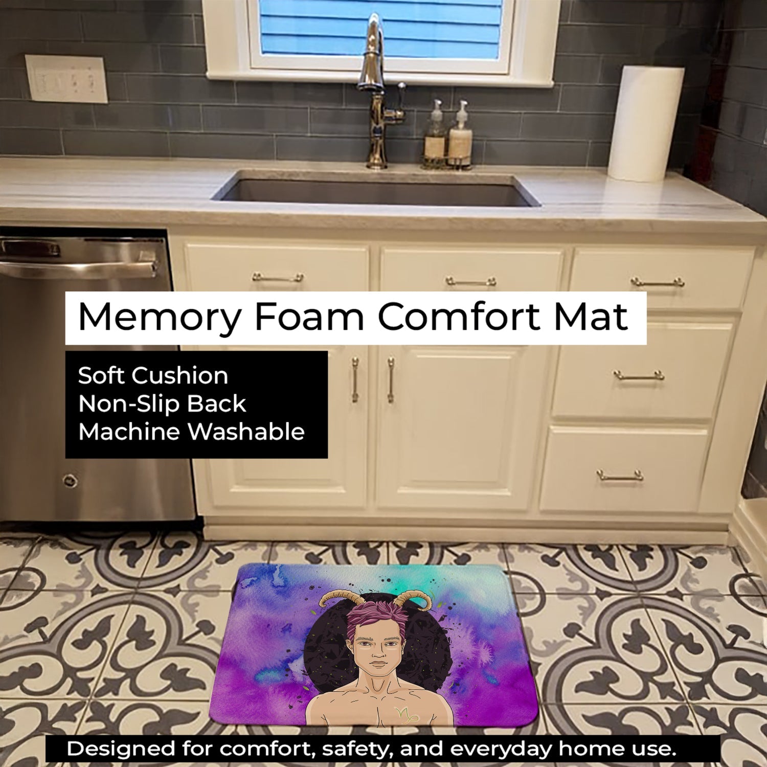 Capricorn Zodiac Sign Memory Foam Kitchen Mat Machine Washable Anti-Fatigue Cushion Comfort Bath or Kitchen Rug