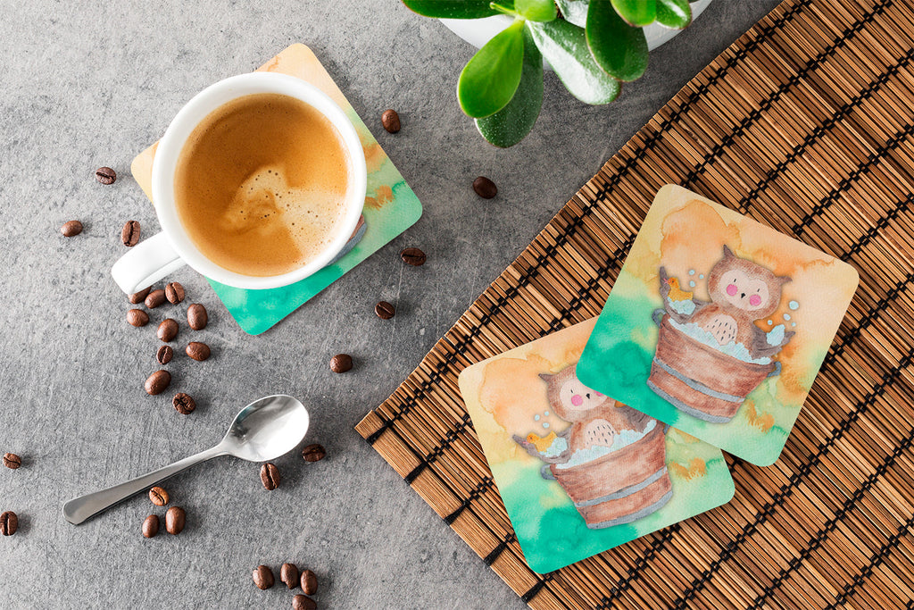 Owl Bathing Watercolor Foam Coasters Set of 4 Cup Coasters for Indoor Outdoor, Tabletop Protection, Anti Slip, Mouse pad Material
