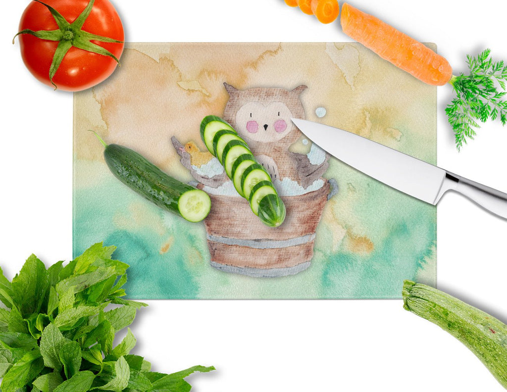 Owl Bathing Watercolor Cutting Board Tempered Glass Kitchen Cutting Surface, Heat Resistant Chopping, Non-Slip Feet, Food Prep & Serving