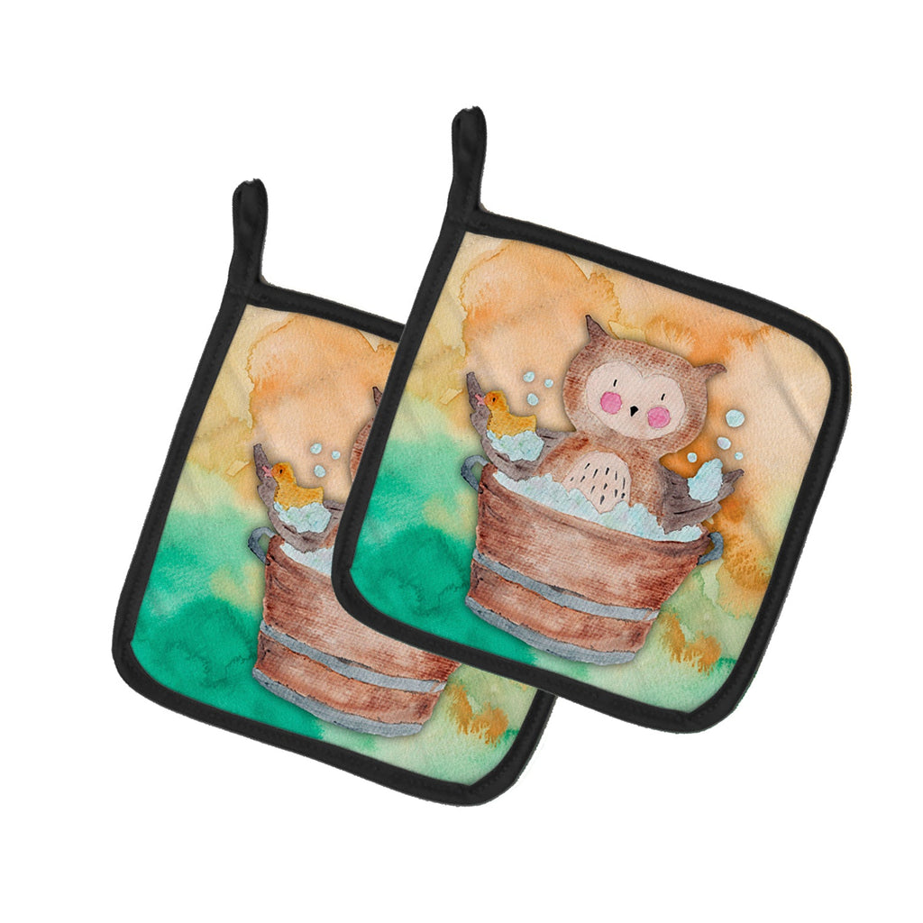 Owl Bathing Watercolor Pot Holder Set of 2 Heat Resistant Quilted Hot Pads 7.5 x 7.5 Inch, Insulated Kitchen Trivets for Cooking & Baking