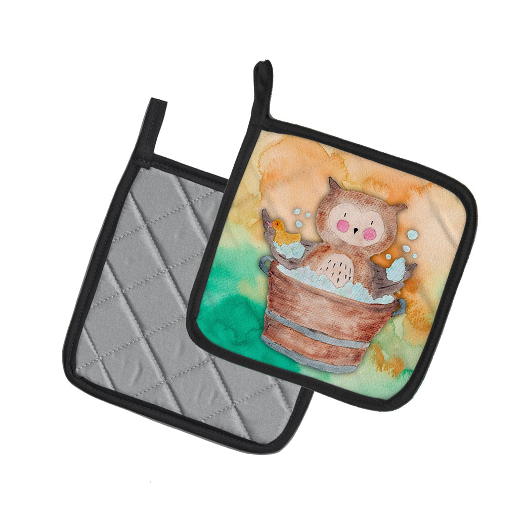 Owl Bathing Watercolor Pot Holder Set of 2 Heat Resistant Quilted Hot Pads 7.5 x 7.5 Inch, Insulated Kitchen Trivets for Cooking & Baking