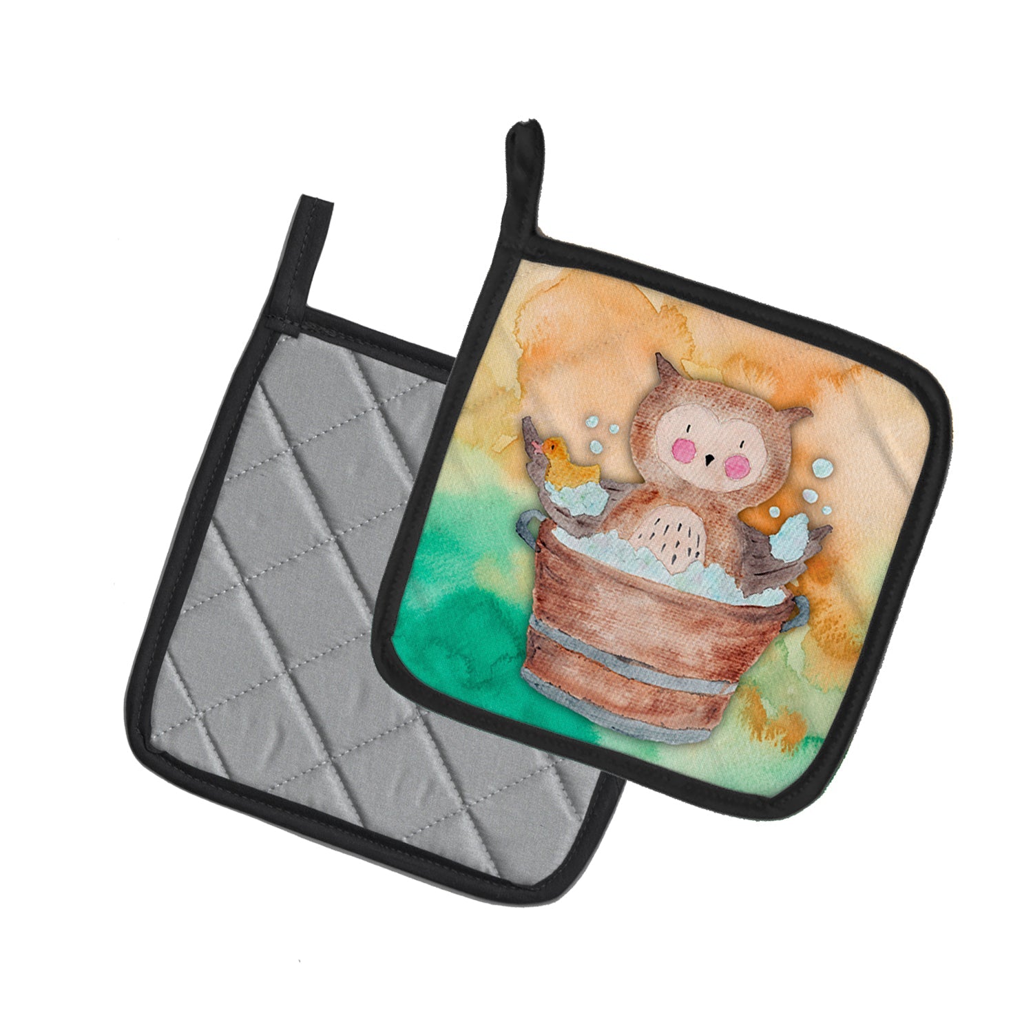 Owl Bathing Watercolor Pot Holder Set of 2 Heat Resistant Quilted Hot Pads 7.5 x 7.5 Inch, Insulated Kitchen Trivets for Cooking & Baking