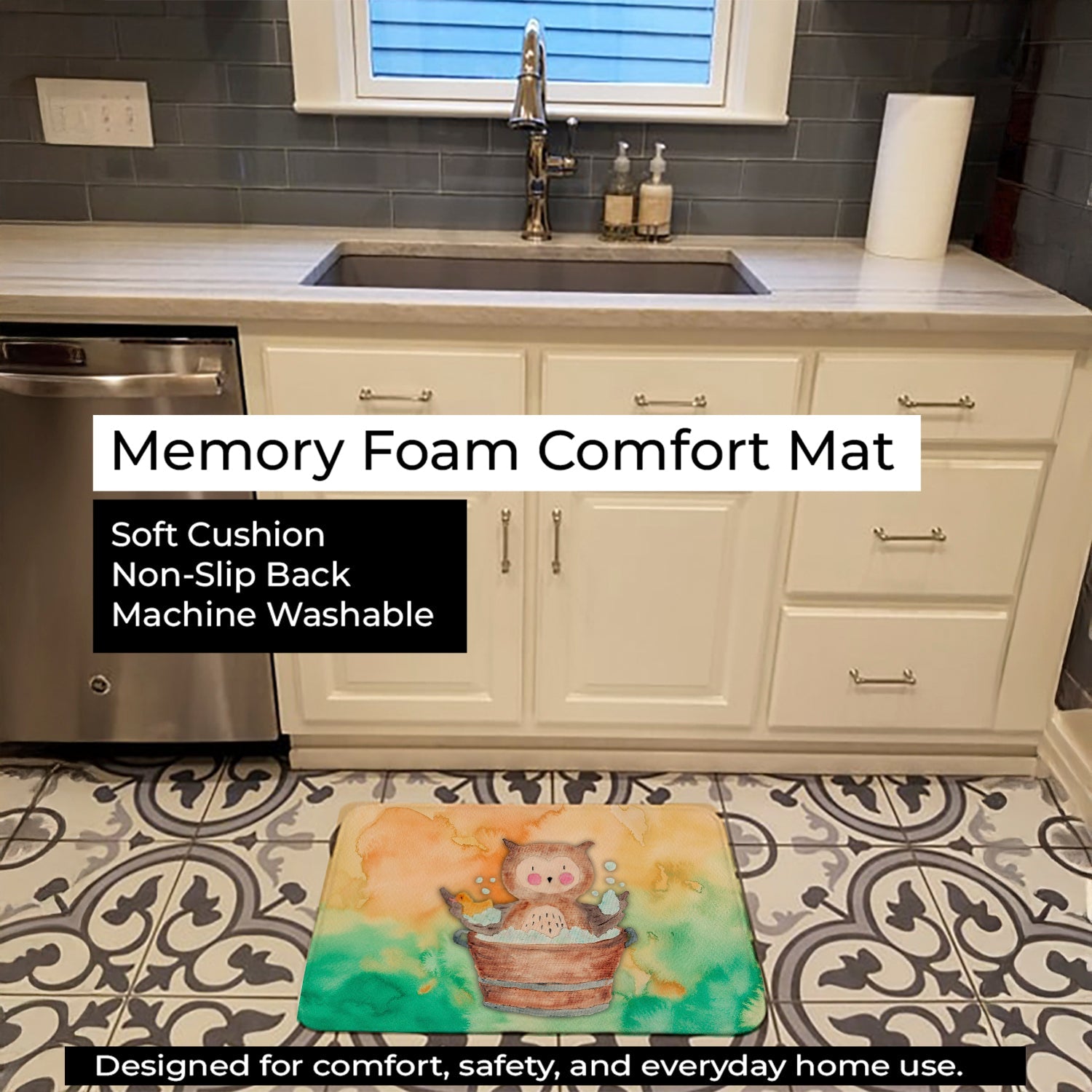 Owl Bathing Watercolor Memory Foam Kitchen Mat Machine Washable Anti-Fatigue Cushion Comfort Bath or Kitchen Rug
