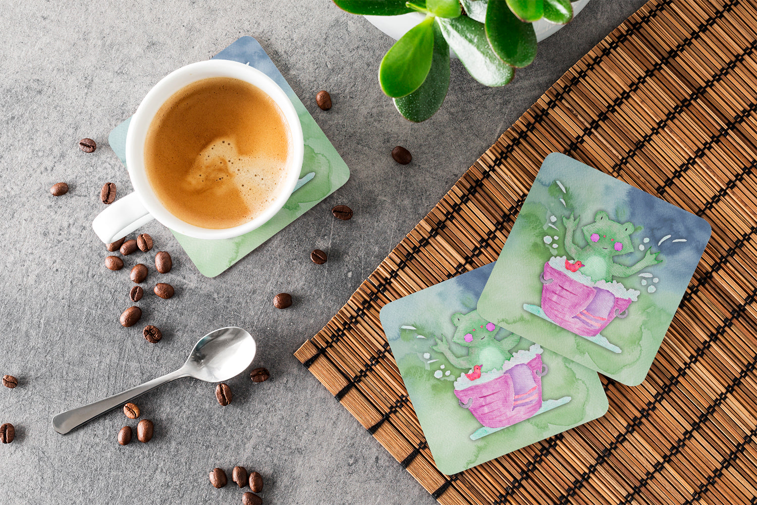 Frog Bathing Watercolor Foam Coasters Set of 4 Cup Coasters for Indoor Outdoor, Tabletop Protection, Anti Slip, Mouse pad Material