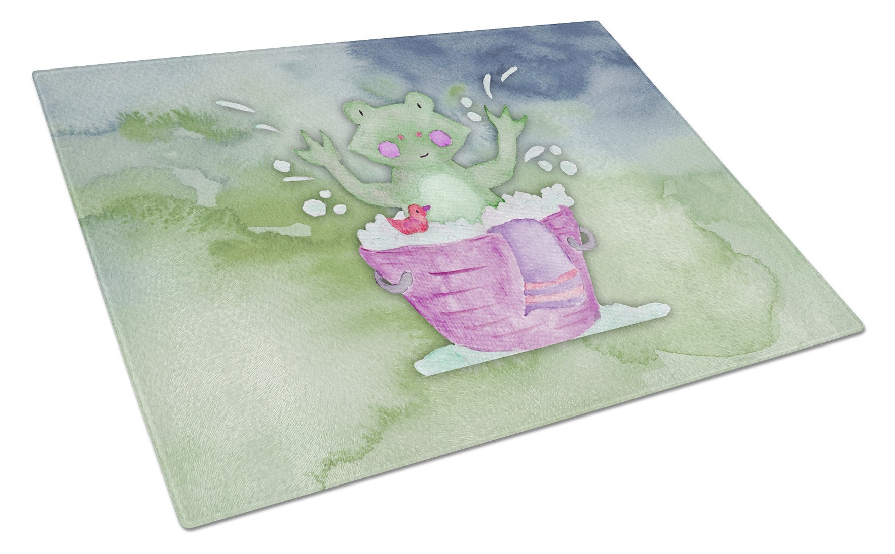 Frog Bathing Watercolor Cutting Board Tempered Glass Kitchen Cutting Surface, Heat Resistant Chopping, Non-Slip Feet, Food Prep & Serving