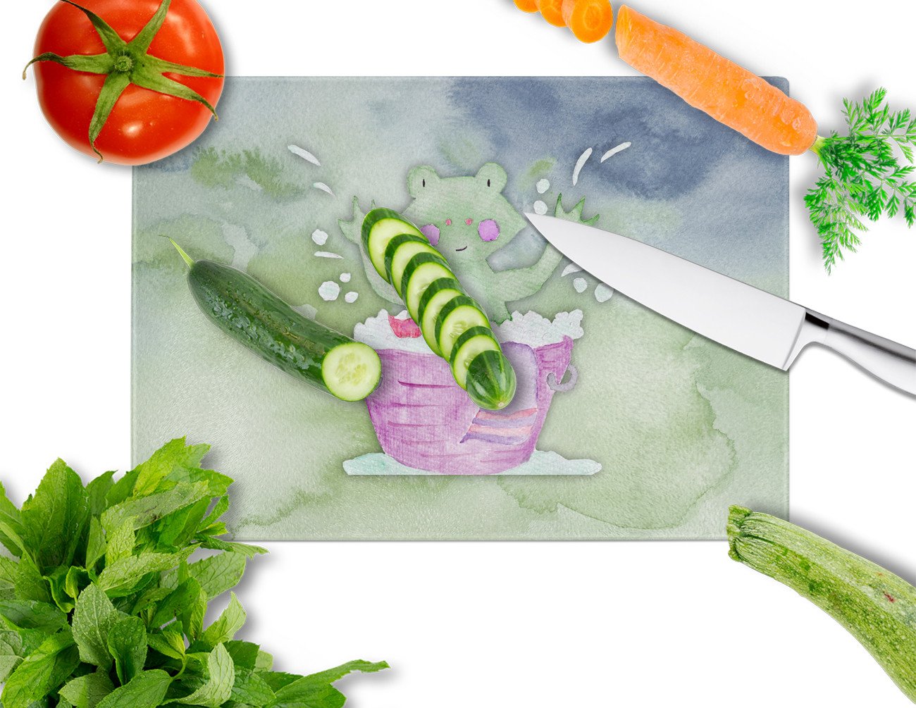 Frog Bathing Watercolor Cutting Board Tempered Glass Kitchen Cutting Surface, Heat Resistant Chopping, Non-Slip Feet, Food Prep & Serving