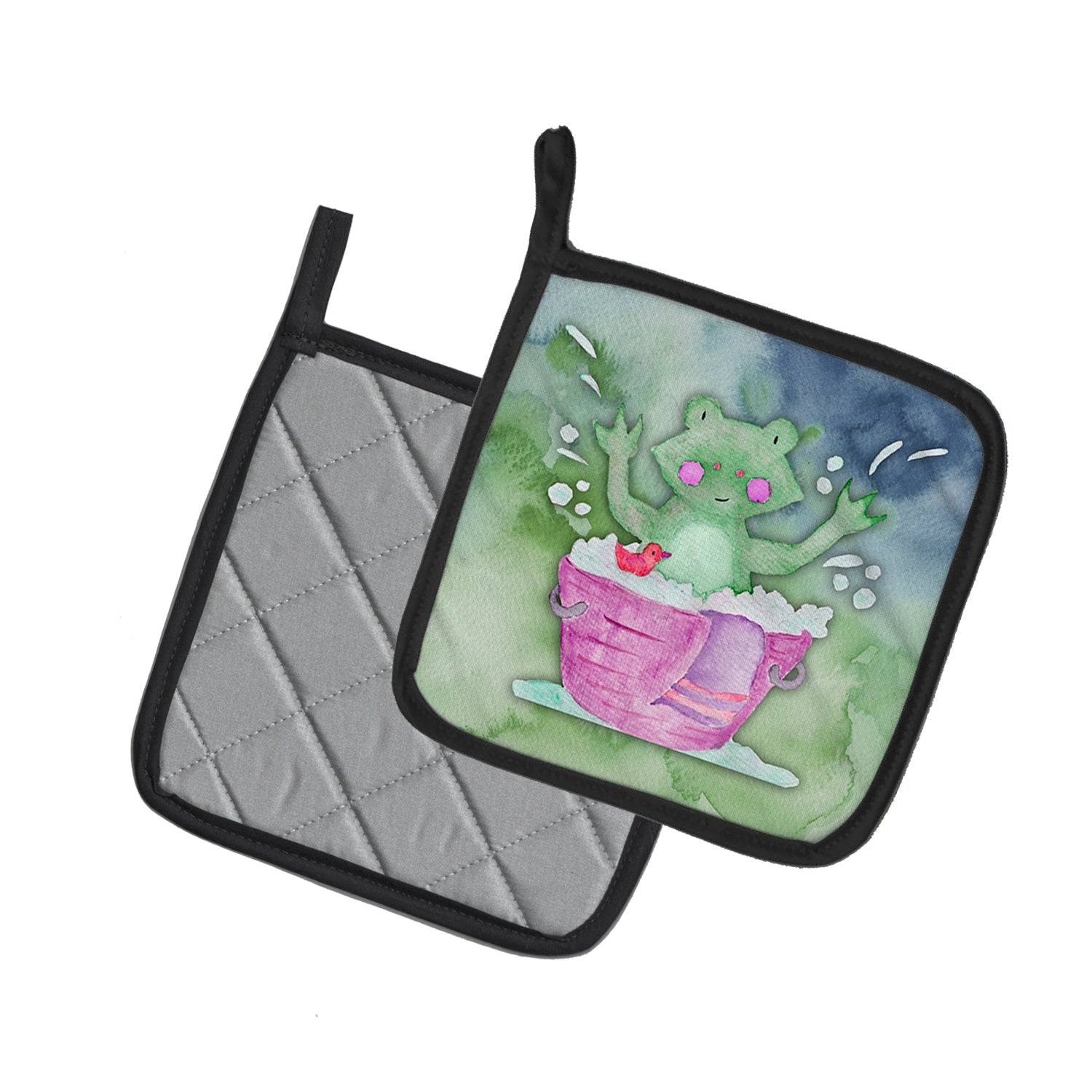 Frog Bathing Watercolor Pot Holder Set of 2 Heat Resistant Quilted Hot Pads 7.5 x 7.5 Inch, Insulated Kitchen Trivets for Cooking & Baking