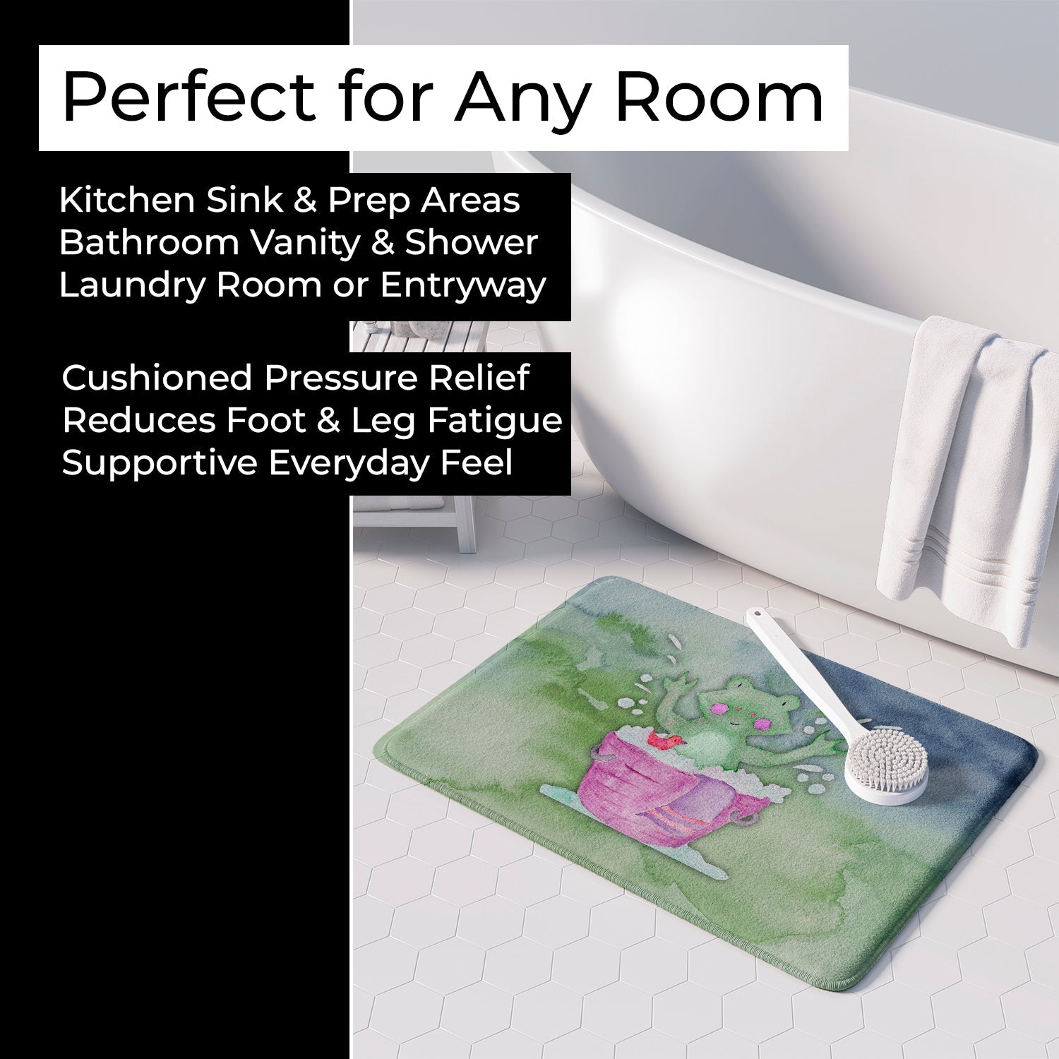 Frog Bathing Watercolor Memory Foam Kitchen Mat Machine Washable Anti-Fatigue Cushion Comfort Bath or Kitchen Rug