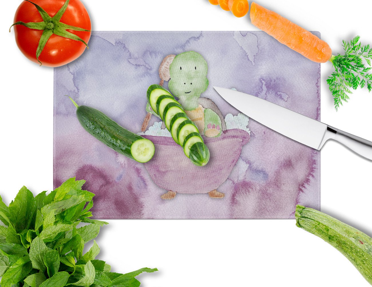 Turtle Bathing Watercolor Cutting Board Tempered Glass Kitchen Cutting Surface, Heat Resistant Chopping, Non-Slip Feet, Food Prep & Serving