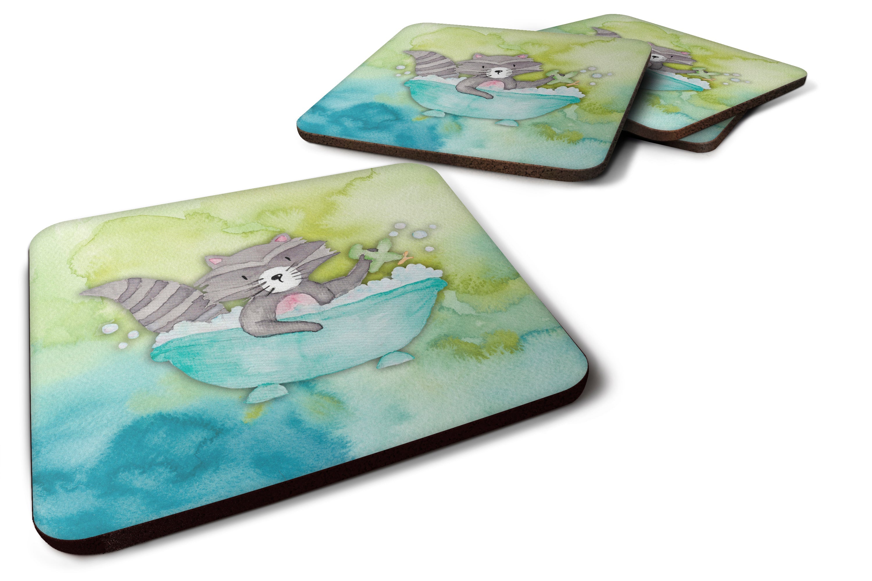 Raccoon Bathing Watercolor Foam Coasters Set of 4 Cup Coasters for Indoor Outdoor, Tabletop Protection, Anti Slip, Mouse pad Material