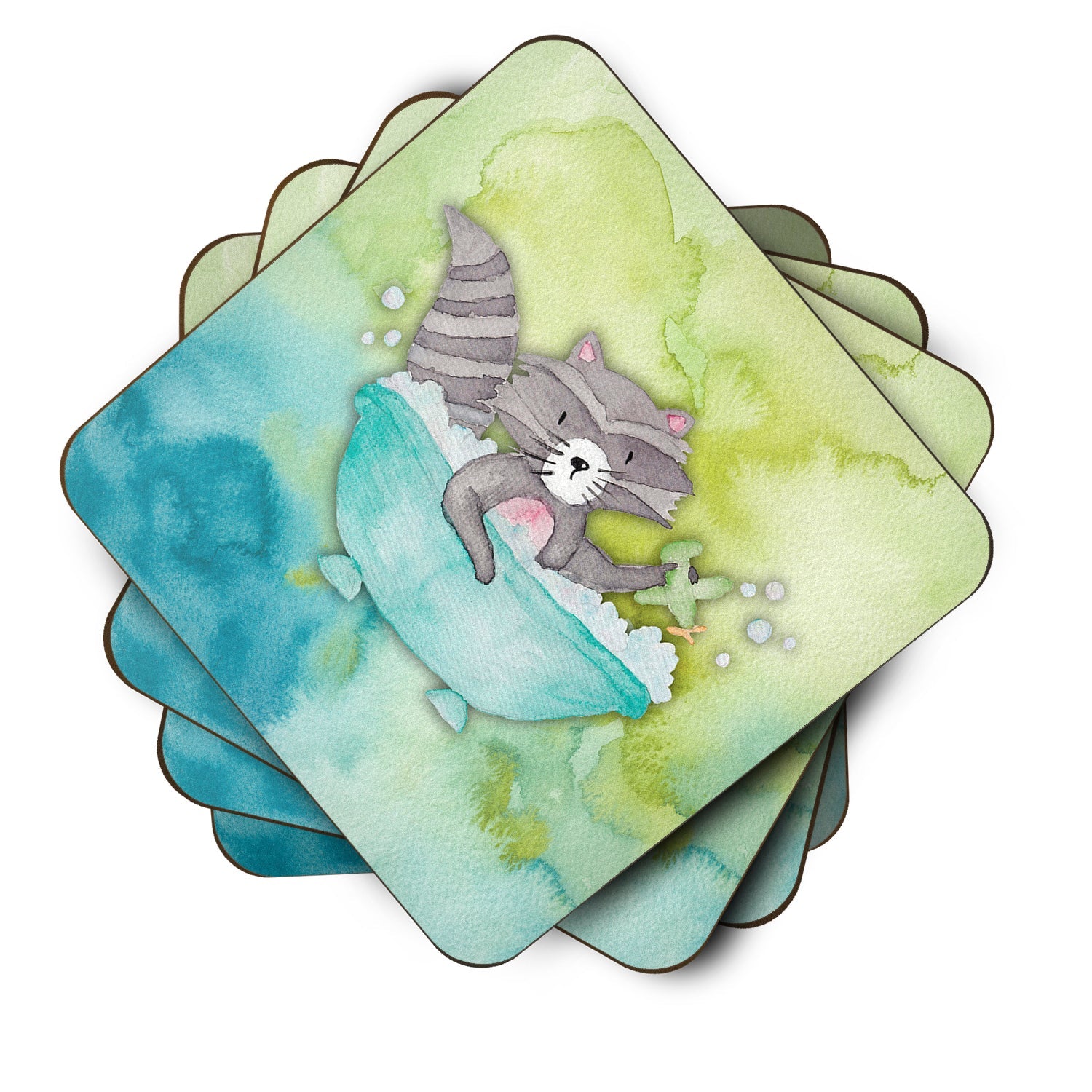 Raccoon Bathing Watercolor Foam Coasters Set of 4 Cup Coasters for Indoor Outdoor, Tabletop Protection, Anti Slip, Mouse pad Material