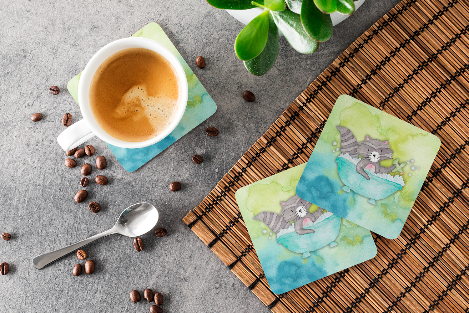 Raccoon Bathing Watercolor Foam Coasters Set of 4 Cup Coasters for Indoor Outdoor, Tabletop Protection, Anti Slip, Mouse pad Material
