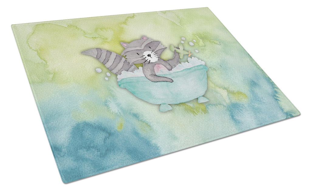 Raccoon Bathing Watercolor Cutting Board Tempered Glass Kitchen Cutting Surface, Heat Resistant Chopping, Non-Slip Feet, Food Prep & Serving