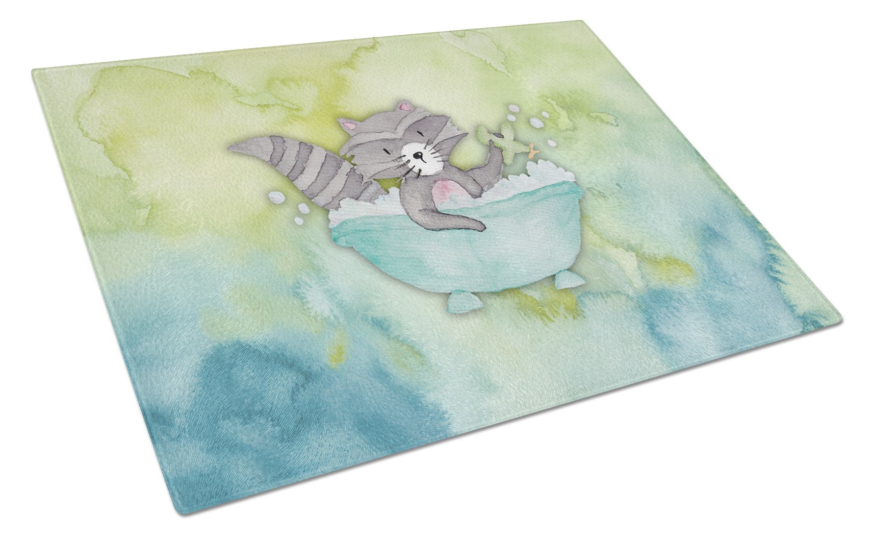 Raccoon Bathing Watercolor Cutting Board Tempered Glass Kitchen Cutting Surface, Heat Resistant Chopping, Non-Slip Feet, Food Prep & Serving