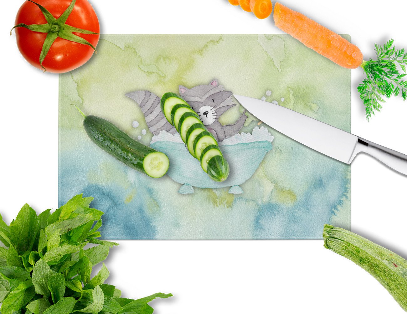 Raccoon Bathing Watercolor Cutting Board Tempered Glass Kitchen Cutting Surface, Heat Resistant Chopping, Non-Slip Feet, Food Prep & Serving