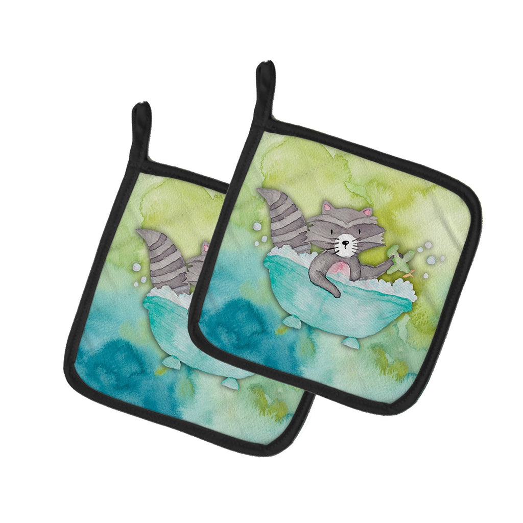 Raccoon Bathing Watercolor Pot Holder Set of 2 Heat Resistant Quilted Hot Pads 7.5 x 7.5 Inch, Insulated Kitchen Trivets for Cooking & Baking
