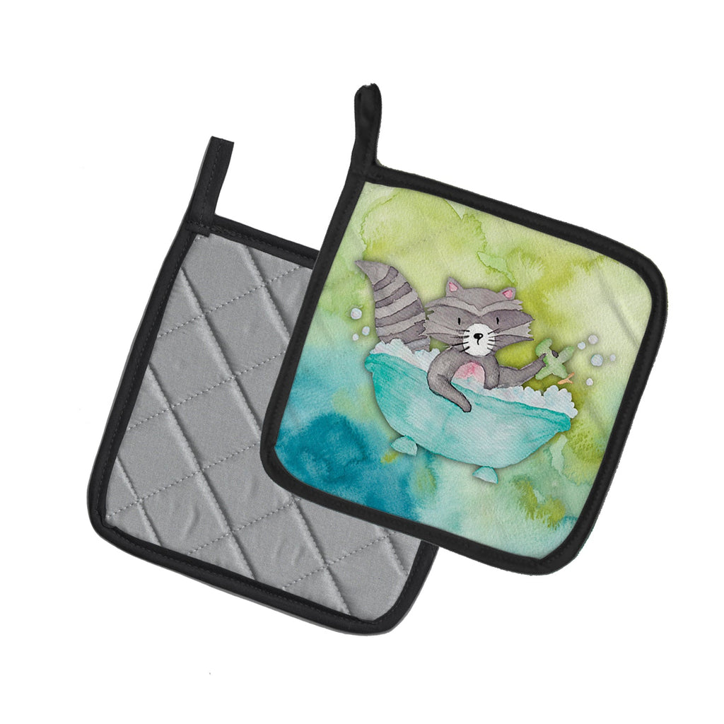 Raccoon Bathing Watercolor Pot Holder Set of 2 Heat Resistant Quilted Hot Pads 7.5 x 7.5 Inch, Insulated Kitchen Trivets for Cooking & Baking
