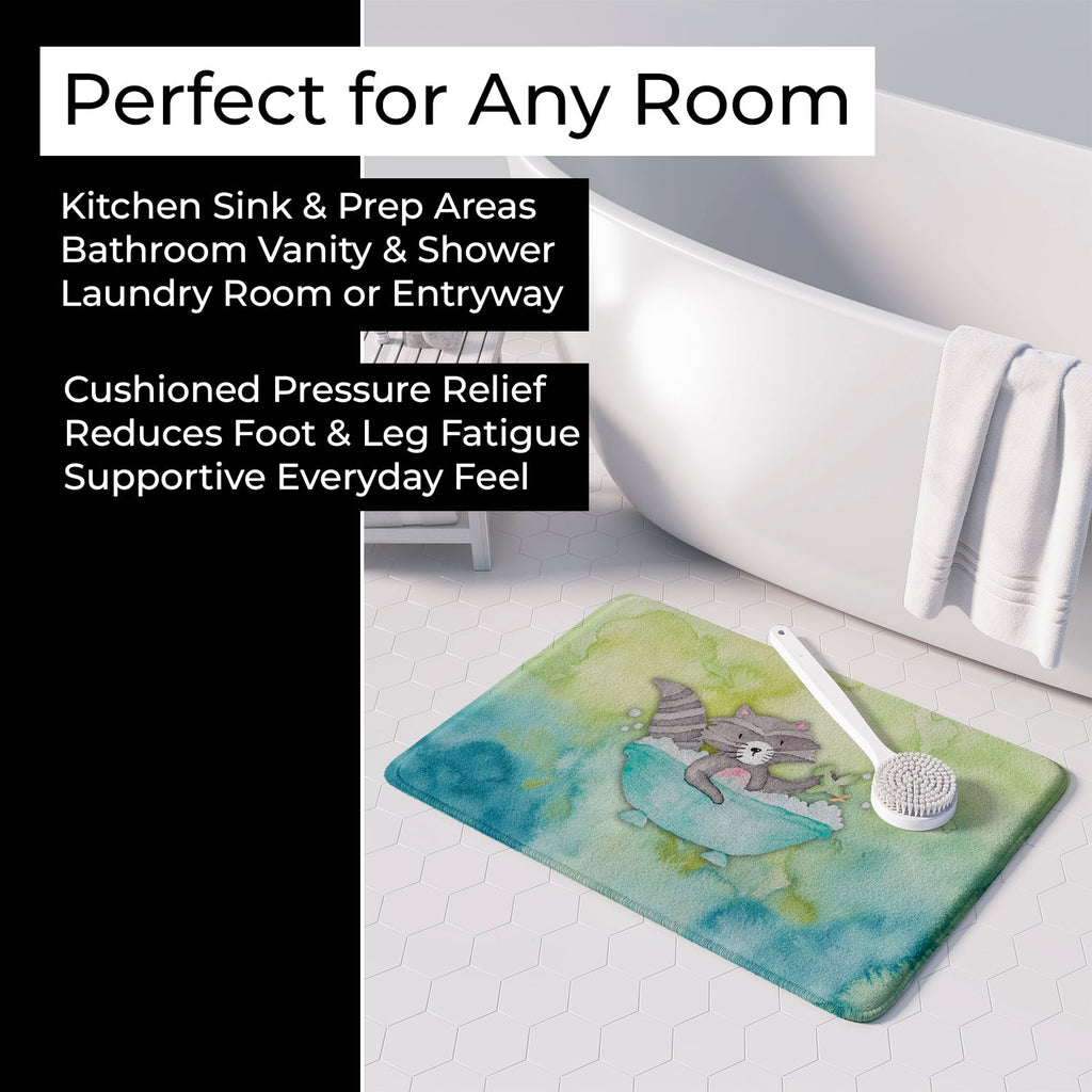 Raccoon Bathing Watercolor Memory Foam Kitchen Mat Machine Washable Anti-Fatigue Cushion Comfort Bath or Kitchen Rug