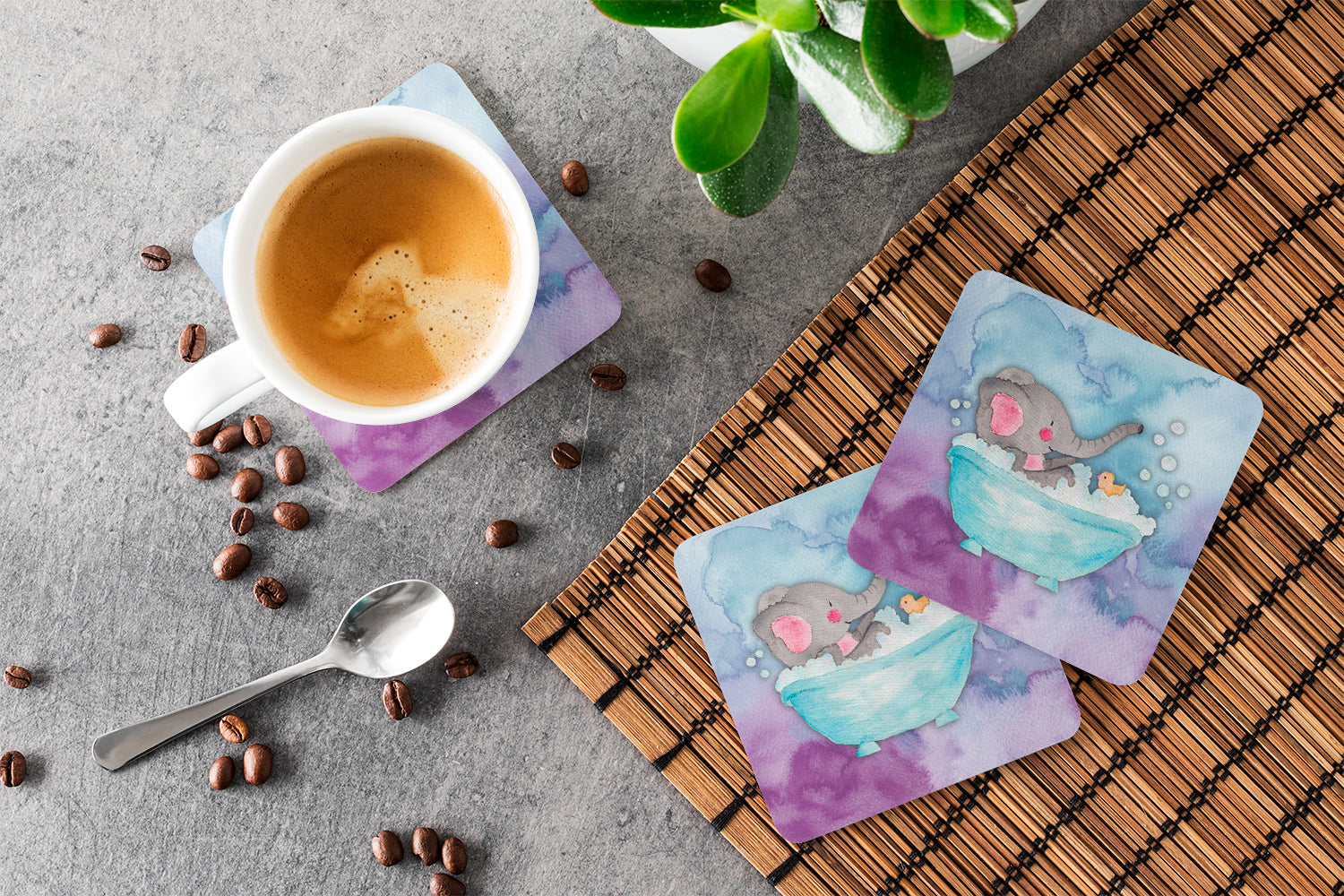 Elephant Bathing Watercolor Foam Coasters Set of 4 Cup Coasters for Indoor Outdoor, Tabletop Protection, Anti Slip, Mouse pad Material