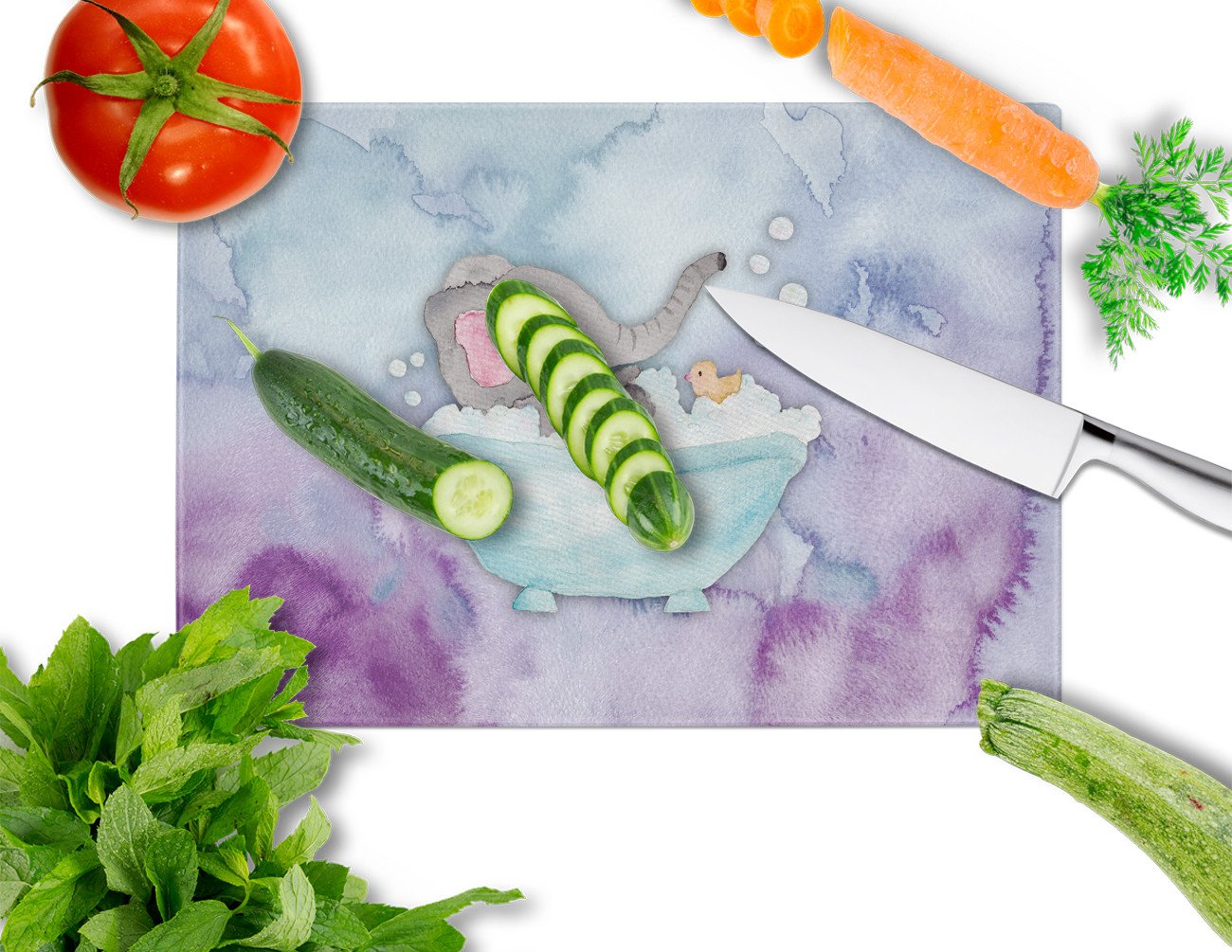 Elephant Bathing Watercolor Cutting Board Tempered Glass Kitchen Cutting Surface, Heat Resistant Chopping, Non-Slip Feet, Food Prep & Serving