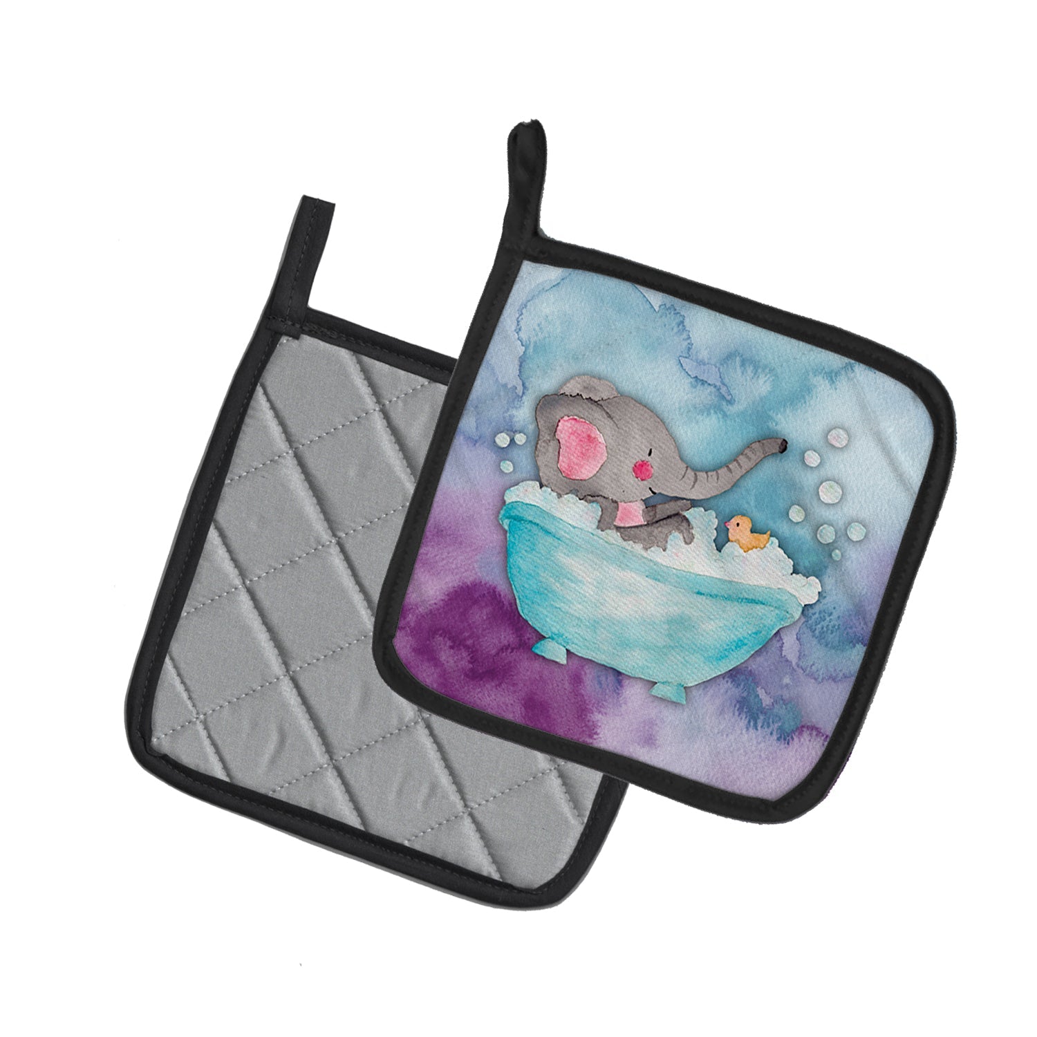 Elephant Bathing Watercolor Pot Holder Set of 2 Heat Resistant Quilted Hot Pads 7.5 x 7.5 Inch, Insulated Kitchen Trivets for Cooking & Baking