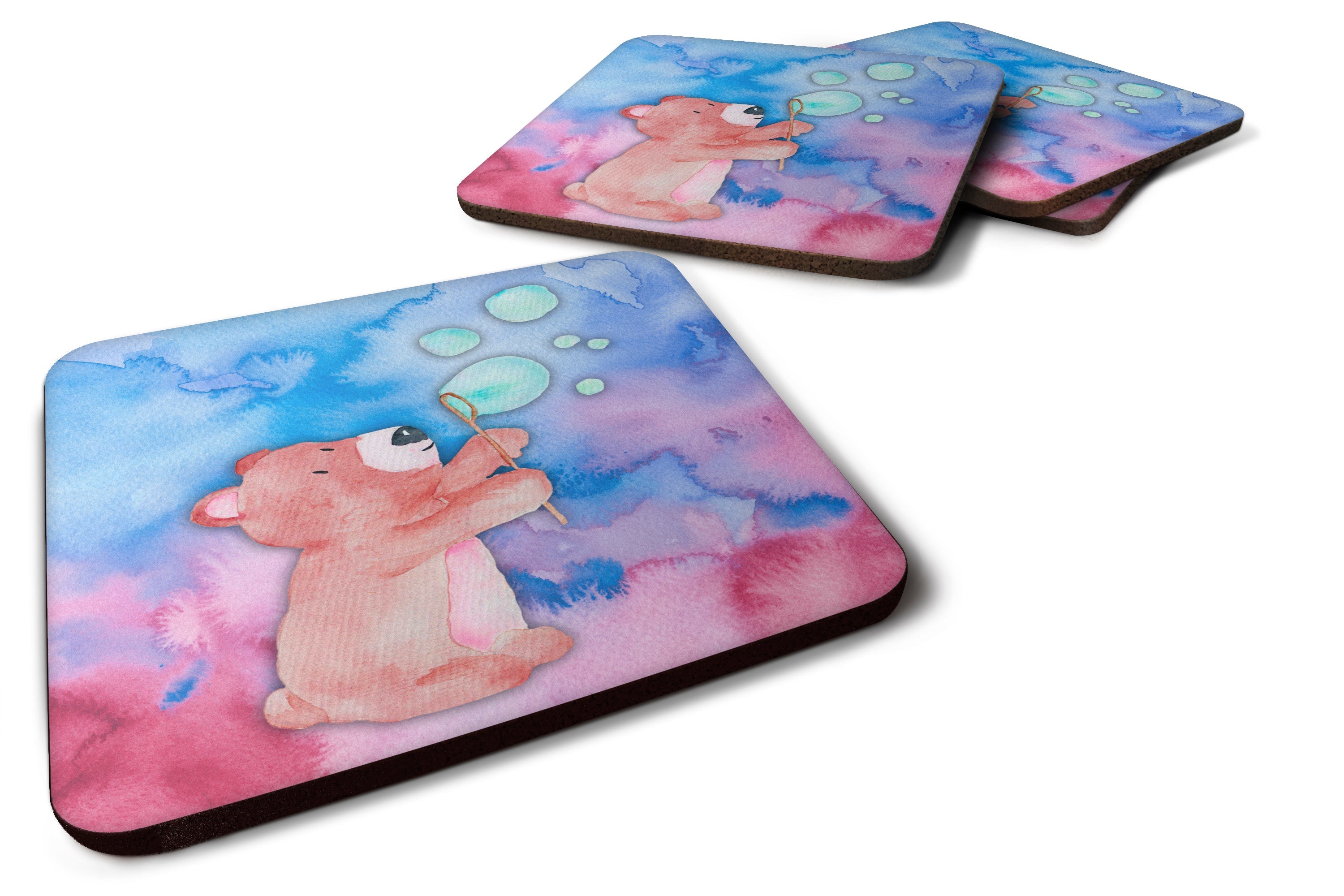 Bear and Bubbles Watercolor Foam Coasters Set of 4 Cup Coasters for Indoor Outdoor, Tabletop Protection, Anti Slip, Mouse pad Material