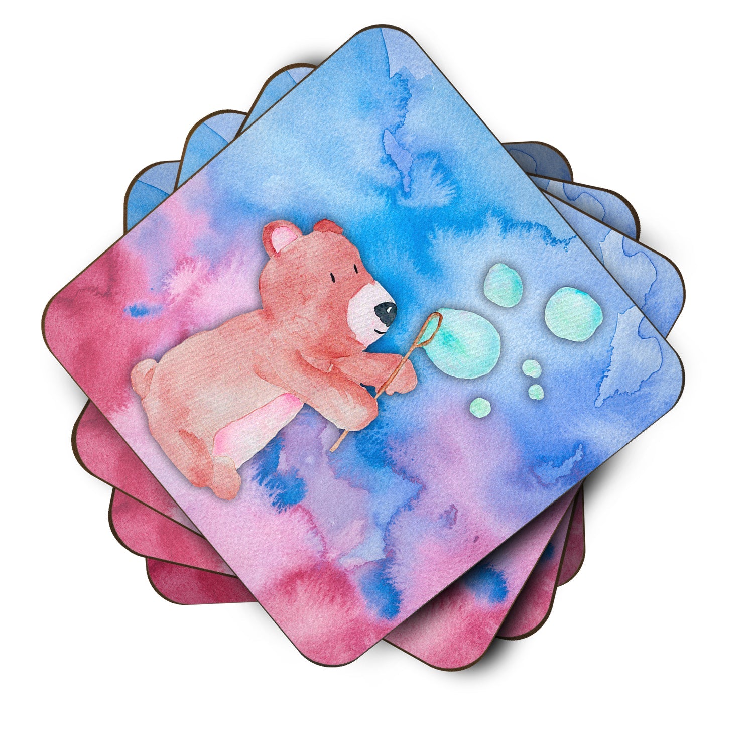 Bear and Bubbles Watercolor Foam Coasters Set of 4 Cup Coasters for Indoor Outdoor, Tabletop Protection, Anti Slip, Mouse pad Material