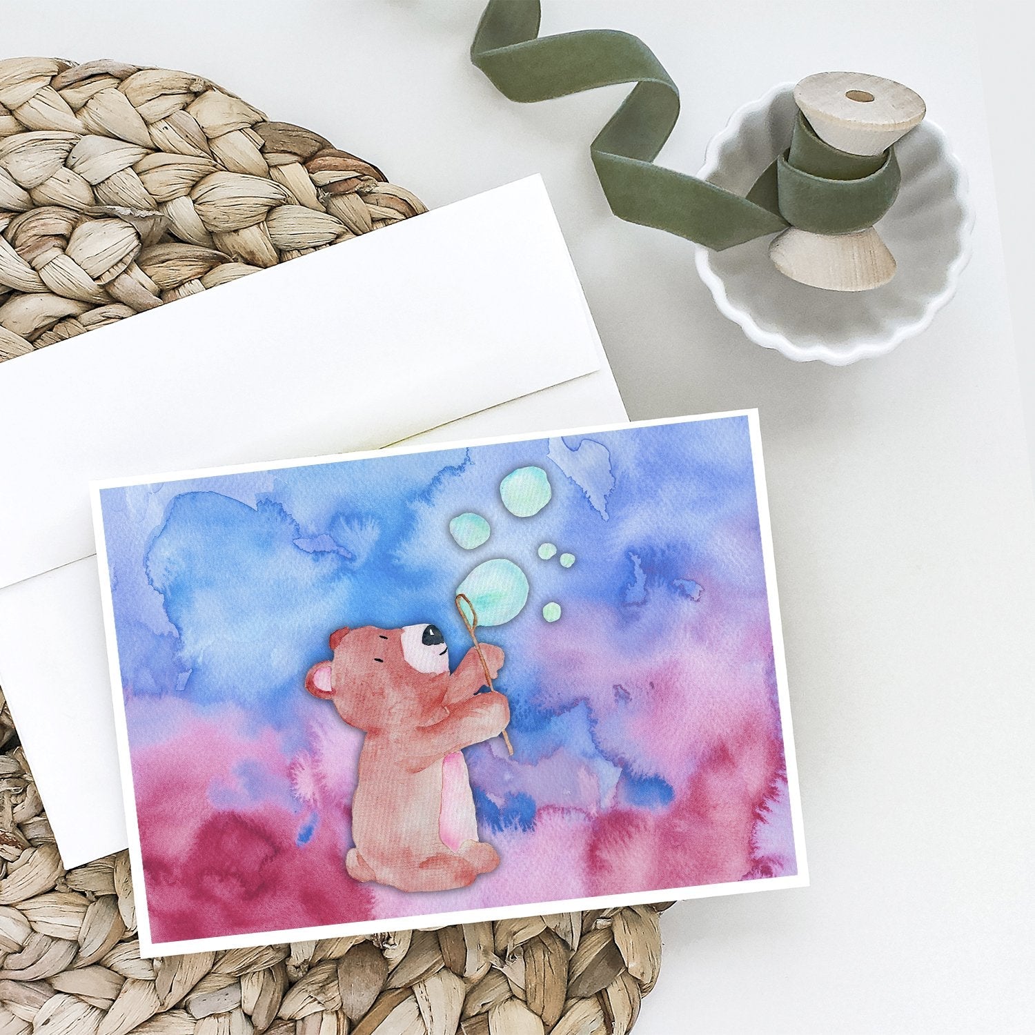 Bear and Bubbles Watercolor Greeting Cards Pack of 8 Blank Cards with Envelopes Whimsical A7 Size 5x7
