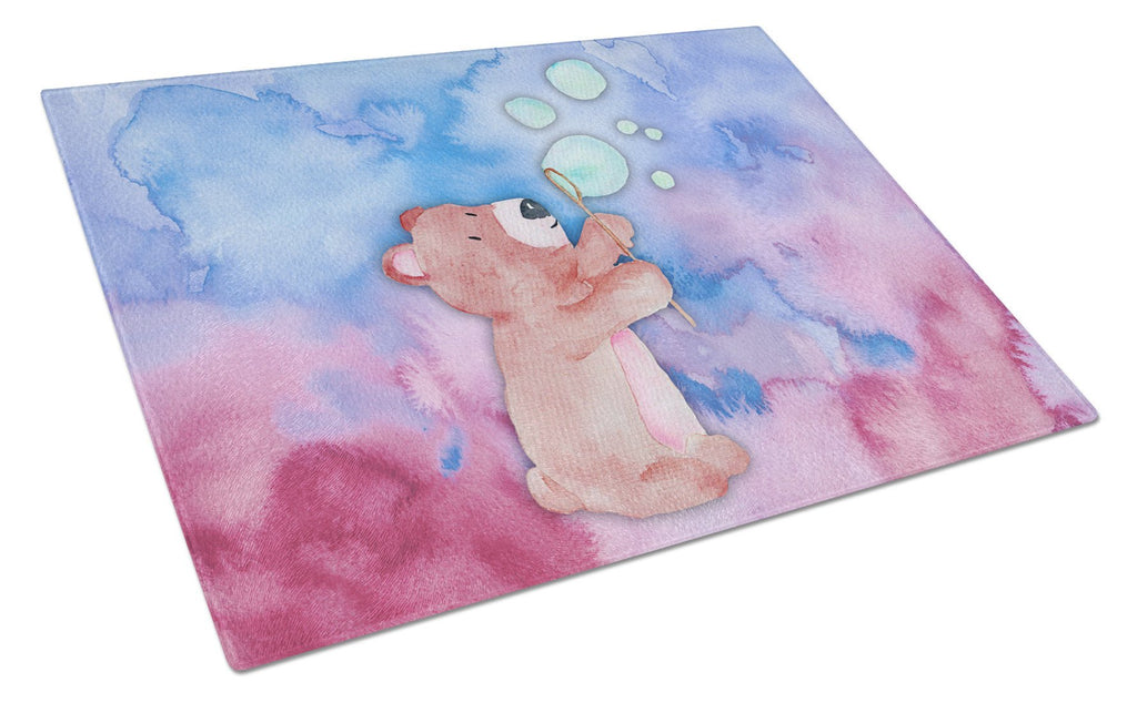 Bear and Bubbles Watercolor Cutting Board Tempered Glass Kitchen Cutting Surface, Heat Resistant Chopping, Non-Slip Feet, Food Prep & Serving