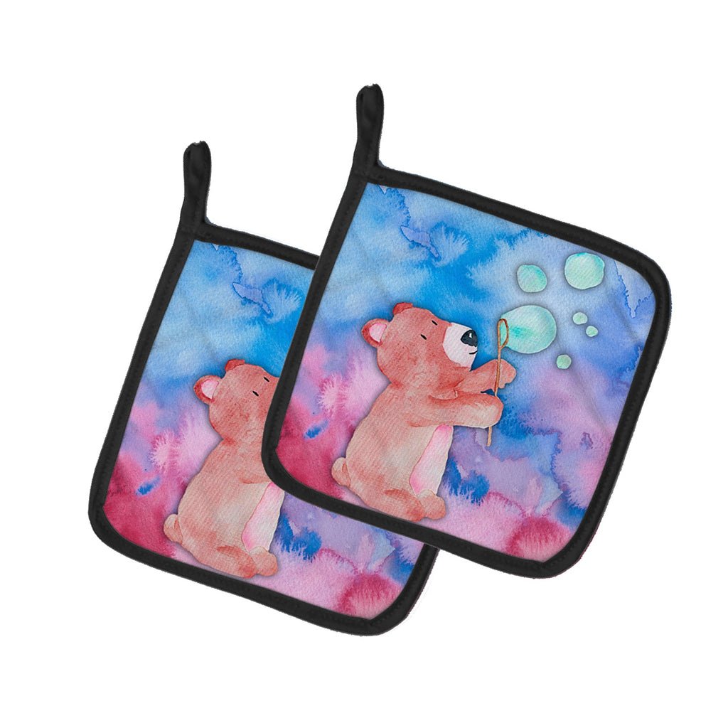 Bear and Bubbles Watercolor Pot Holder Set of 2 Heat Resistant Quilted Hot Pads 7.5 x 7.5 Inch, Insulated Kitchen Trivets for Cooking & Baking