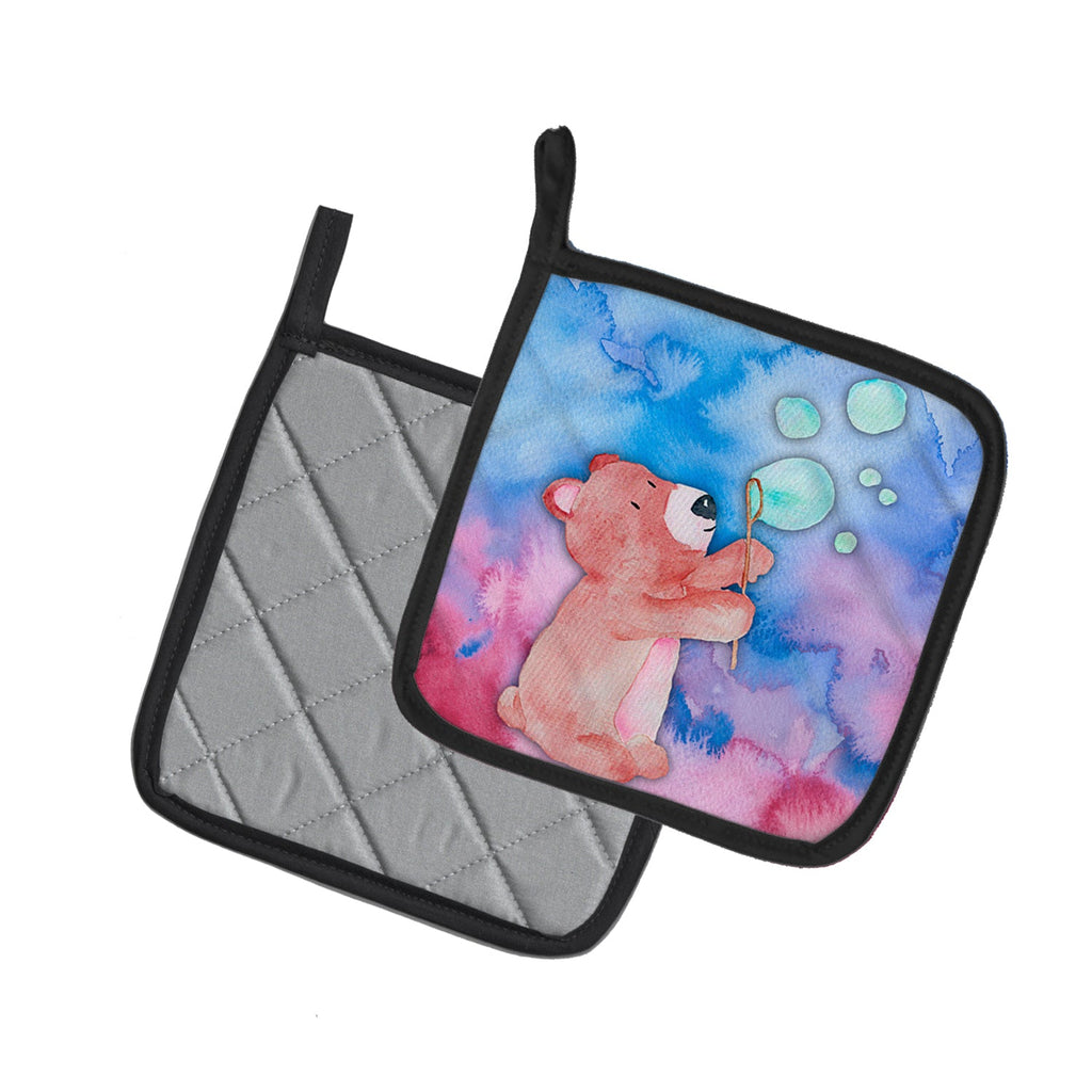 Bear and Bubbles Watercolor Pot Holder Set of 2 Heat Resistant Quilted Hot Pads 7.5 x 7.5 Inch, Insulated Kitchen Trivets for Cooking & Baking