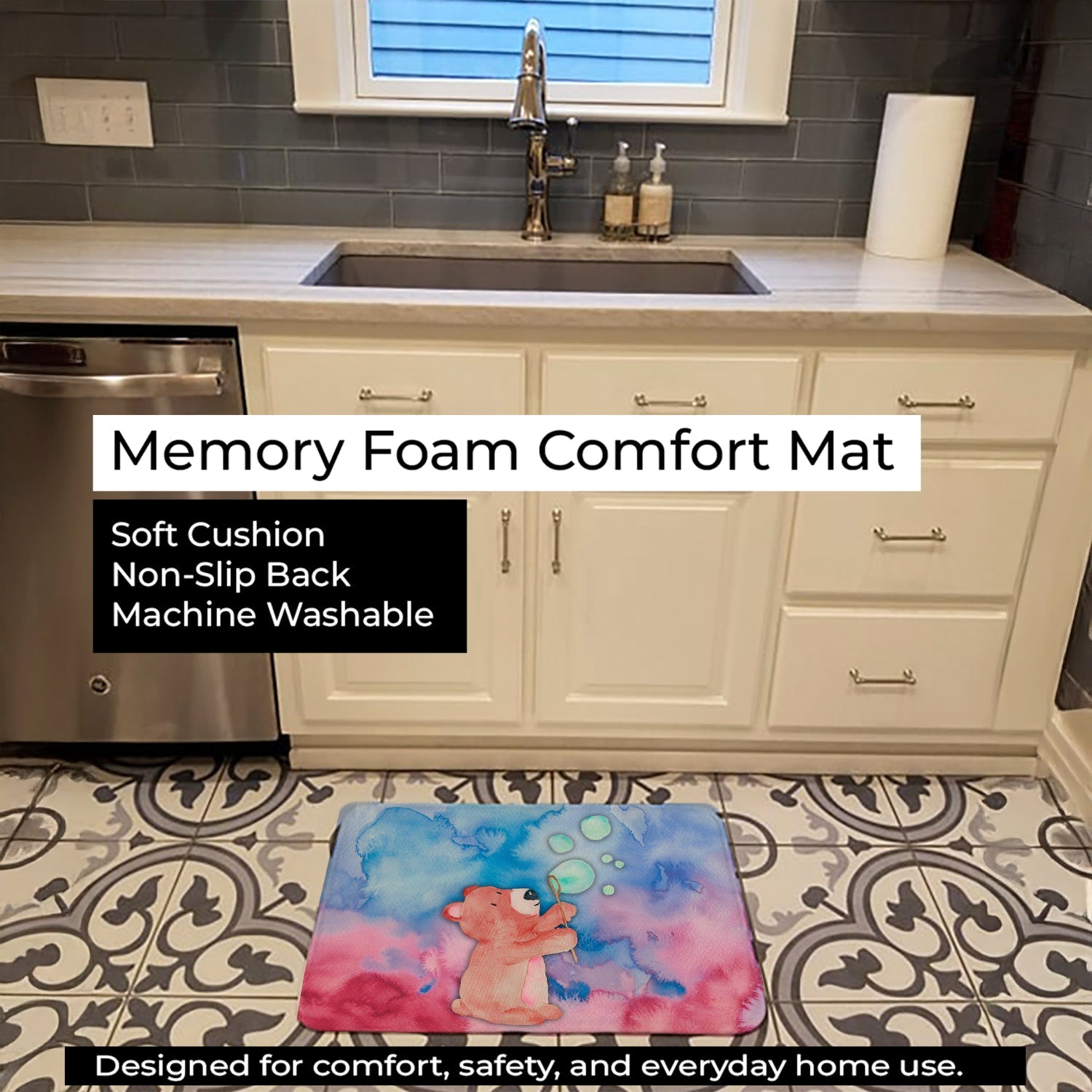 Bear and Bubbles Watercolor Memory Foam Kitchen Mat Machine Washable Anti-Fatigue Cushion Comfort Bath or Kitchen Rug