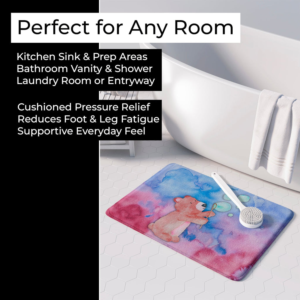 Bear and Bubbles Watercolor Memory Foam Kitchen Mat Machine Washable Anti-Fatigue Cushion Comfort Bath or Kitchen Rug