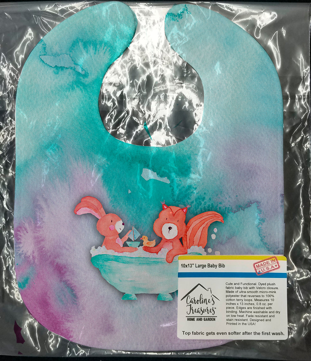 Rabbit and Squirrel Bathing Watercolor Baby Bib Easy-Clean Baby Bib Baby Feeding Accessory Baby Mealtime Essential, 10 x 13, Multicolor