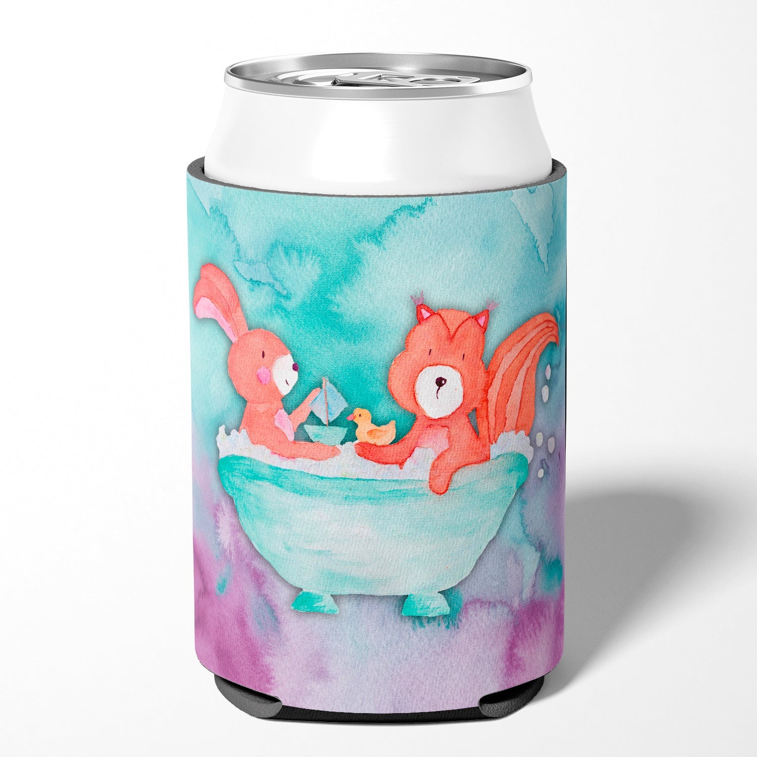Rabbit and Squirrel Bathing Watercolor Can or Bottle Hugger Cooler Sleeve for Standard 12 oz Cans, Insulated Foam Beer & Soda Can Hugger Reusable