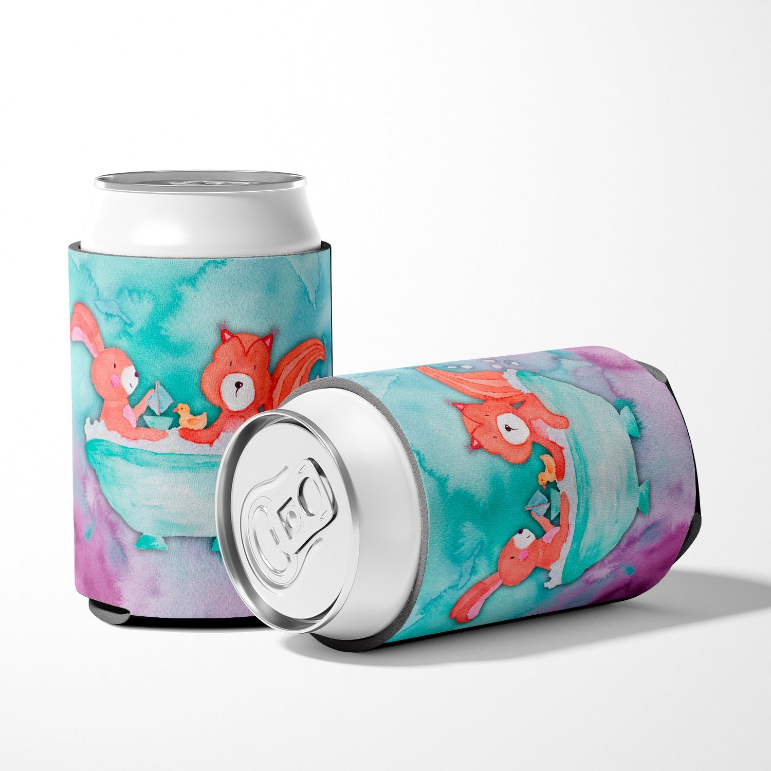 Rabbit and Squirrel Bathing Watercolor Can or Bottle Hugger Cooler Sleeve for Standard 12 oz Cans, Insulated Foam Beer & Soda Can Hugger Reusable