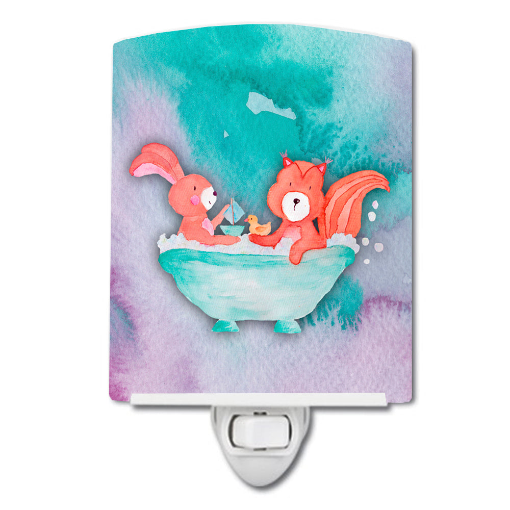 Rabbit and Squirrel Bathing Watercolor Ceramic Night Light Compact, UL-Certified, Ideal for Bedroom, Bathroom, Nursery, Hallway, Kitchen, 6x4x3, Multicolor