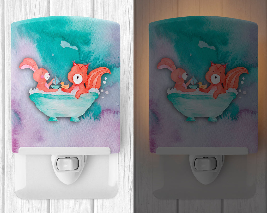 Rabbit and Squirrel Bathing Watercolor Ceramic Night Light Compact, UL-Certified, Ideal for Bedroom, Bathroom, Nursery, Hallway, Kitchen, 6x4x3, Multicolor