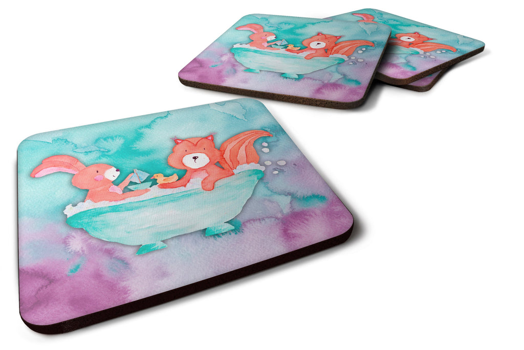 Rabbit and Squirrel Bathing Watercolor Foam Coasters Set of 4 Cup Coasters for Indoor Outdoor, Tabletop Protection, Anti Slip, Mouse pad Material