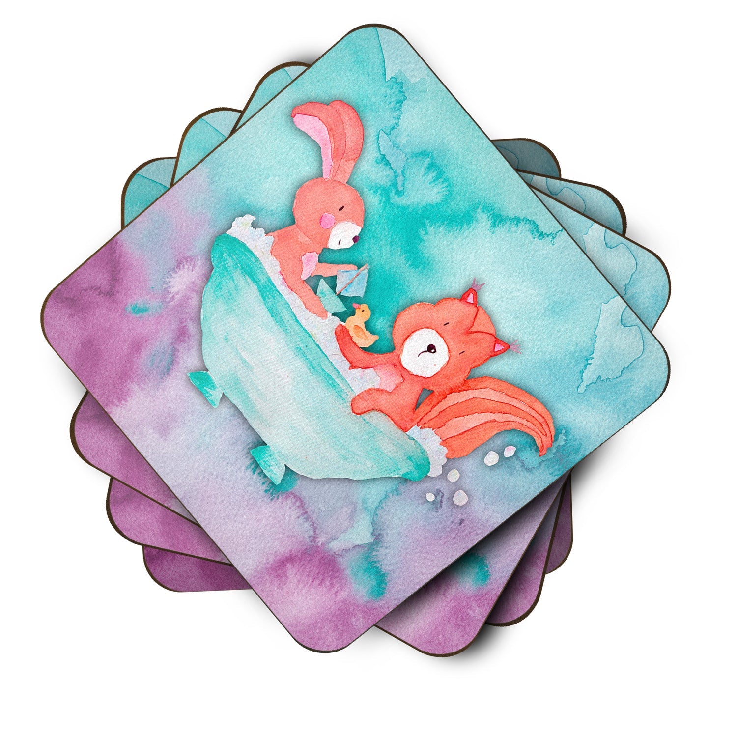 Rabbit and Squirrel Bathing Watercolor Foam Coasters Set of 4 Cup Coasters for Indoor Outdoor, Tabletop Protection, Anti Slip, Mouse pad Material