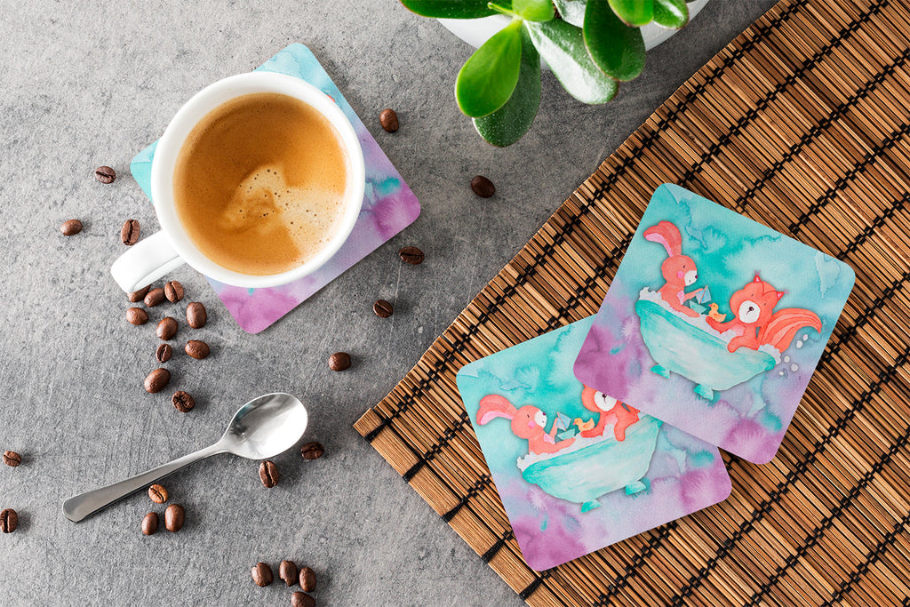 Rabbit and Squirrel Bathing Watercolor Foam Coasters Set of 4 Cup Coasters for Indoor Outdoor, Tabletop Protection, Anti Slip, Mouse pad Material