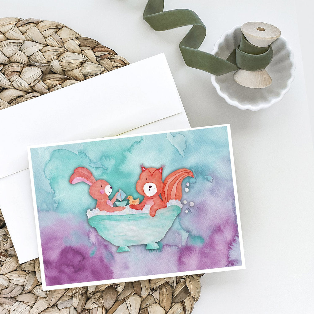 Rabbit and Squirrel Bathing Watercolor Greeting Cards Pack of 8 Blank Cards with Envelopes Whimsical A7 Size 5x7
