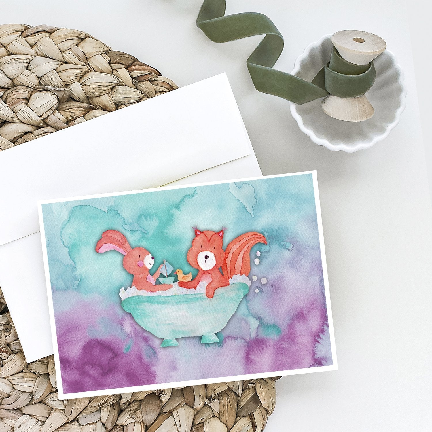 Rabbit and Squirrel Bathing Watercolor Greeting Cards Pack of 8 Blank Cards with Envelopes Whimsical A7 Size 5x7