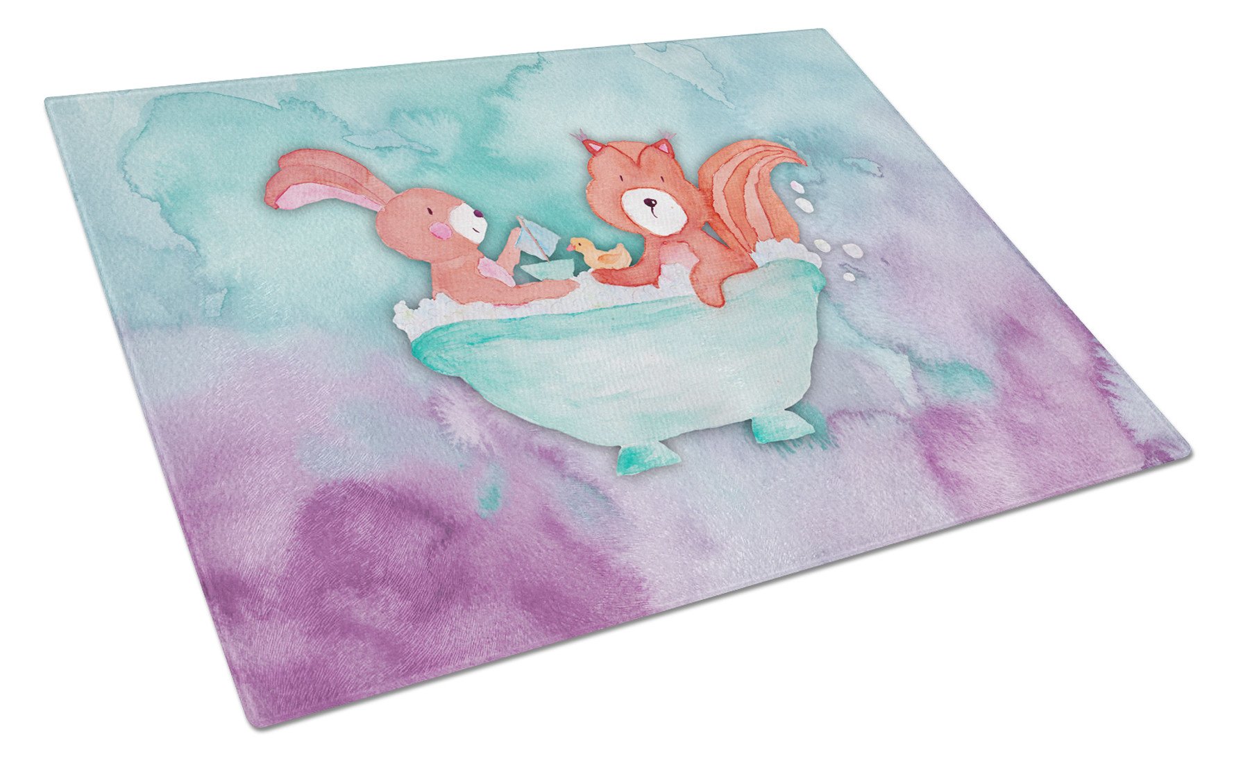 Rabbit and Squirrel Bathing Watercolor Cutting Board Tempered Glass Kitchen Cutting Surface, Heat Resistant Chopping, Non-Slip Feet, Food Prep & Serving