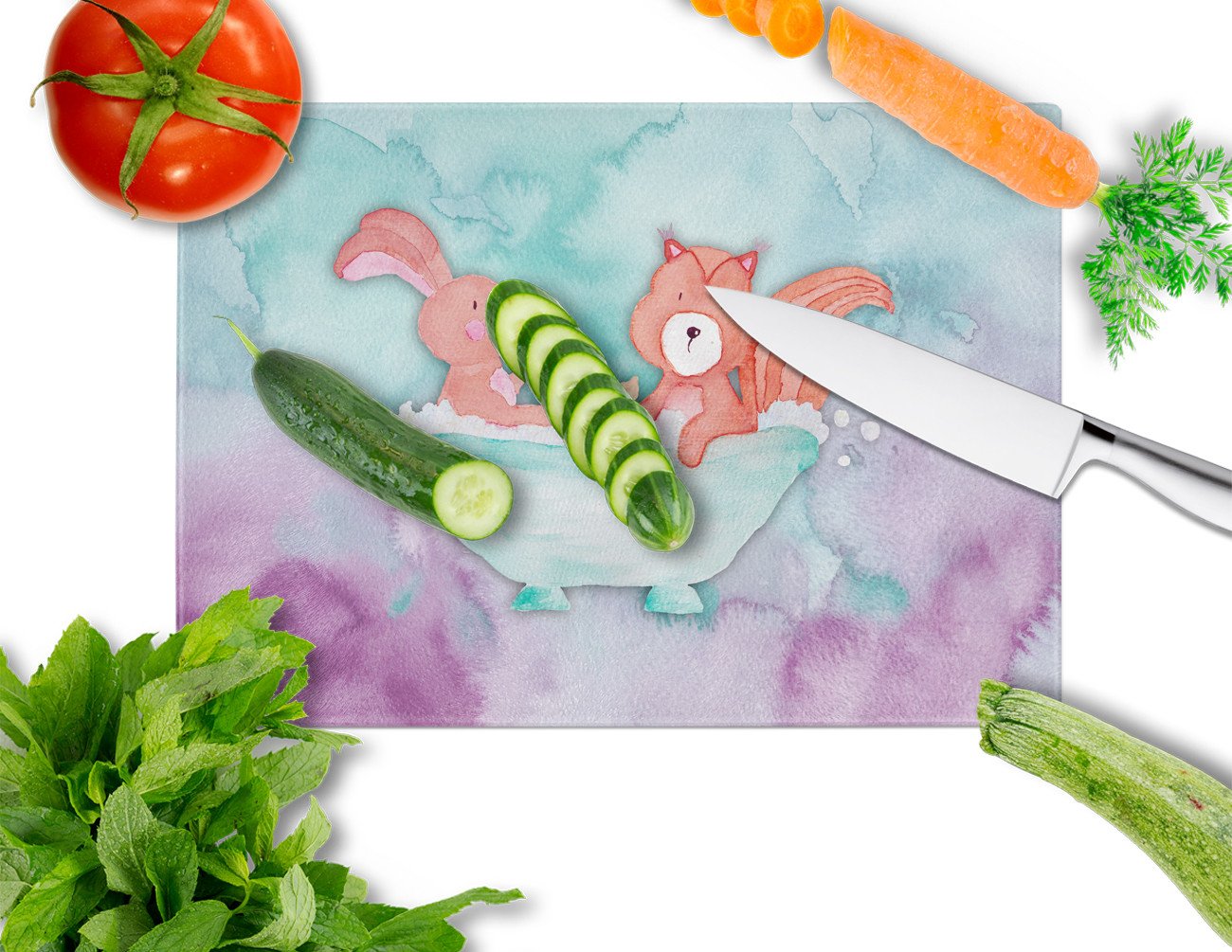 Rabbit and Squirrel Bathing Watercolor Cutting Board Tempered Glass Kitchen Cutting Surface, Heat Resistant Chopping, Non-Slip Feet, Food Prep & Serving