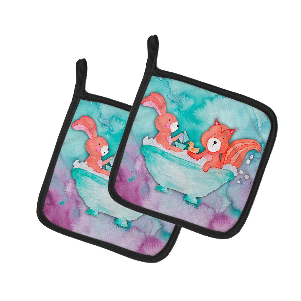 Rabbit and Squirrel Bathing Watercolor Pot Holder Set of 2 Heat Resistant Quilted Hot Pads 7.5 x 7.5 Inch, Insulated Kitchen Trivets for Cooking & Baking