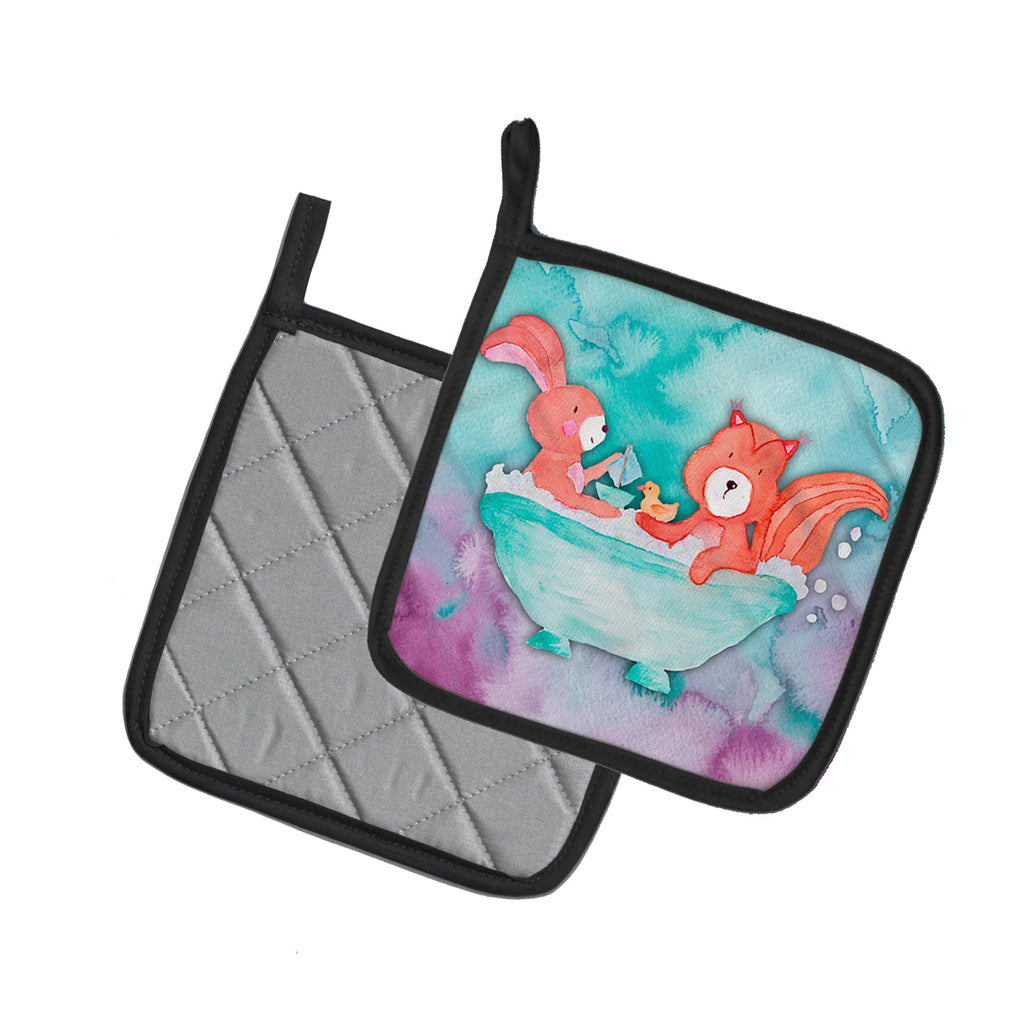 Rabbit and Squirrel Bathing Watercolor Pot Holder Set of 2 Heat Resistant Quilted Hot Pads 7.5 x 7.5 Inch, Insulated Kitchen Trivets for Cooking & Baking