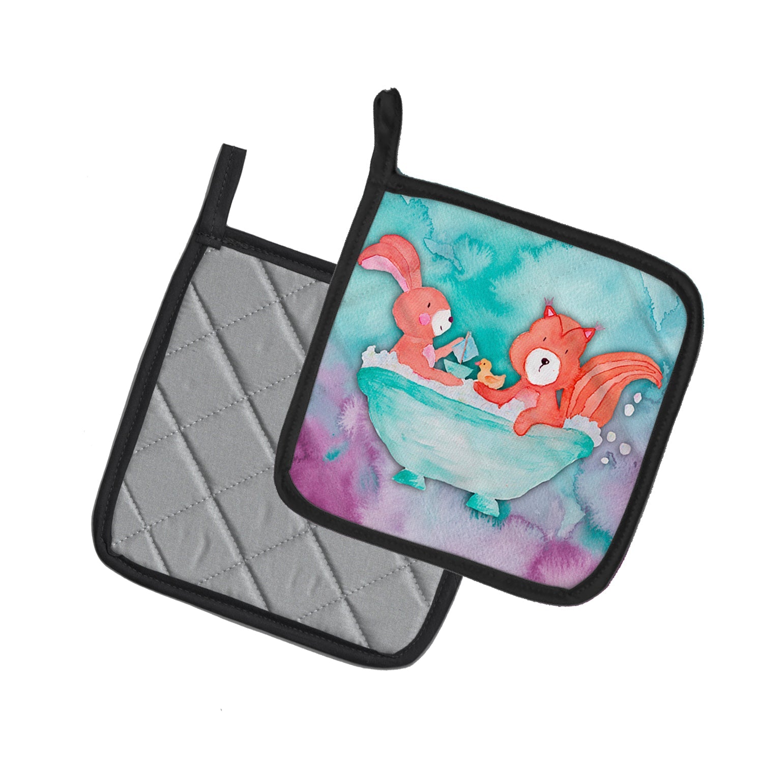 Rabbit and Squirrel Bathing Watercolor Pot Holder Set of 2 Heat Resistant Quilted Hot Pads 7.5 x 7.5 Inch, Insulated Kitchen Trivets for Cooking & Baking